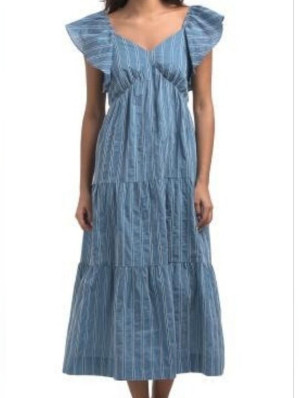 NWT - Adelyn Rae Shannon Blue Striped Flutter Sleeve Tie Back Midi Dress -Size M